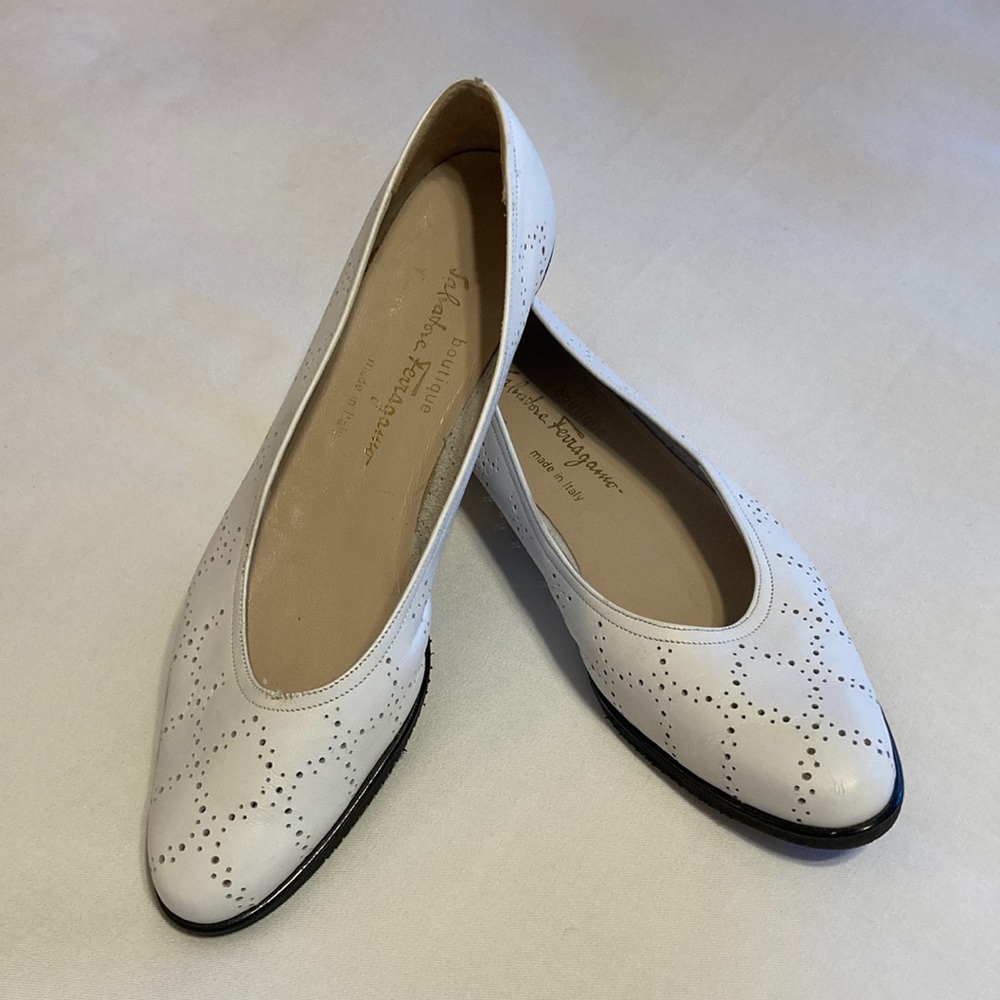 Salvatore Ferragamo white shoes. Made in Italy.